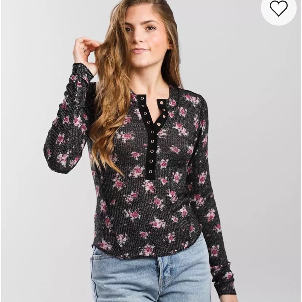 Free People Floral Black and Pink Henley Size S